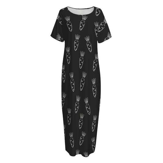 Black And White Carrot Pattern Print Short Sleeve Long Nightdress