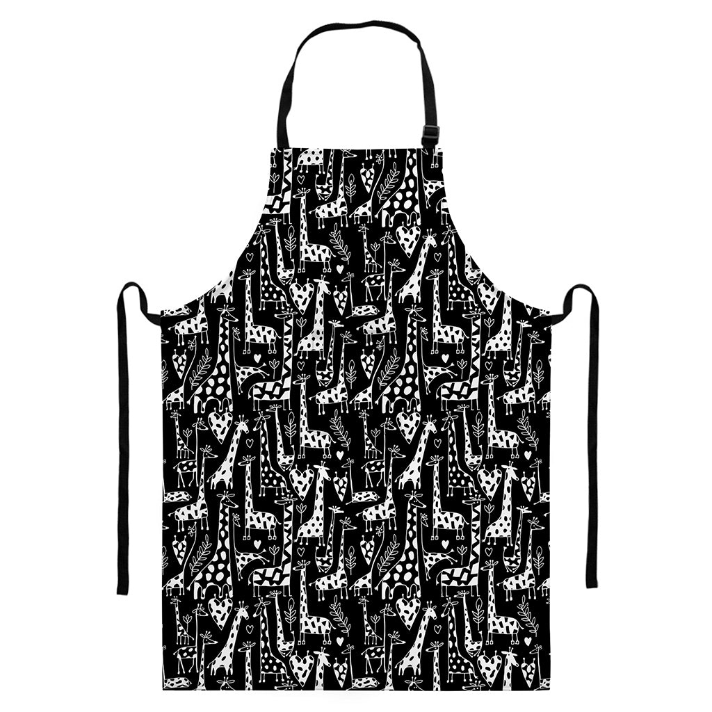 Black And White Cartoon Giraffe Print Bib Apron With Pocket