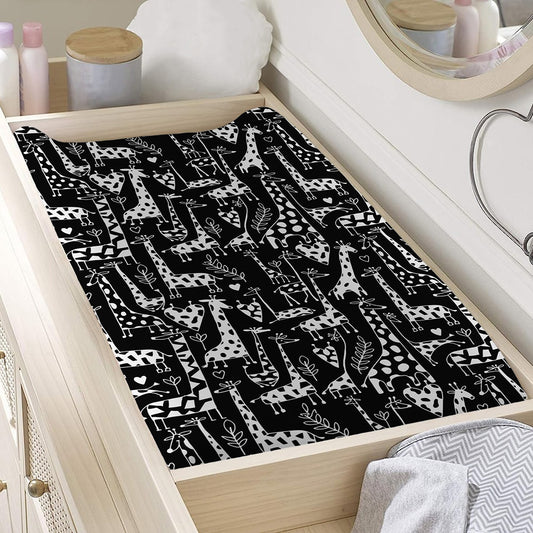 Black And White Cartoon Giraffe Print Changing Pad Cover