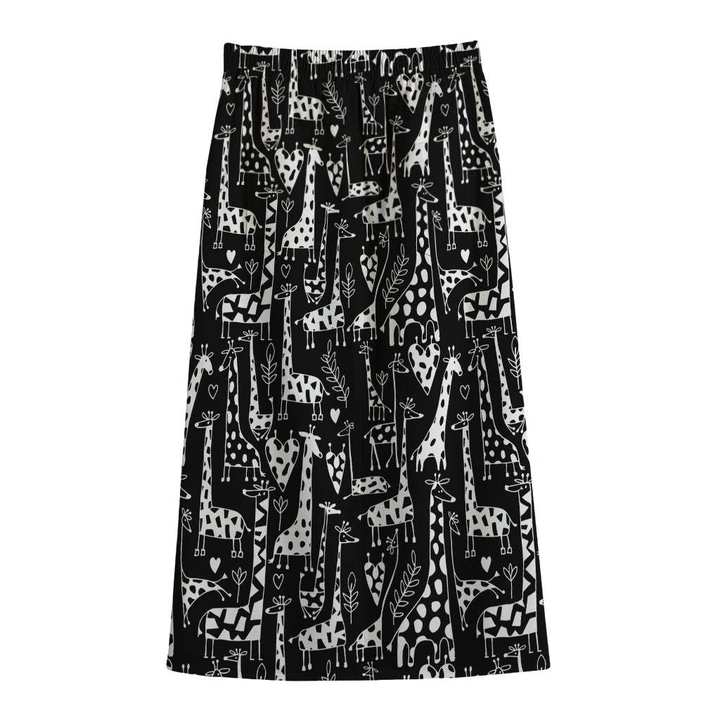 Black And White Cartoon Giraffe Print Cotton Front Slit Maxi Skirt