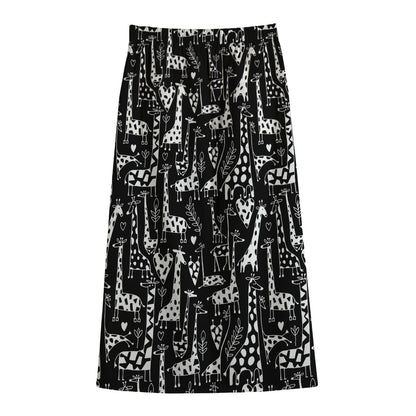Black And White Cartoon Giraffe Print Cotton Front Slit Maxi Skirt