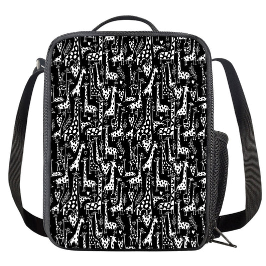 Black And White Cartoon Giraffe Print Crossbody Lunch Bag