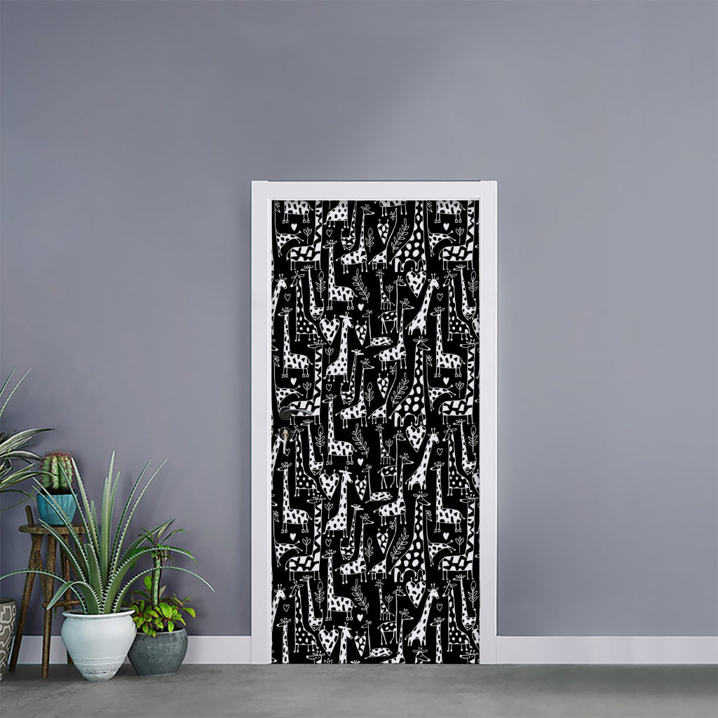 Black And White Cartoon Giraffe Print Door Sticker