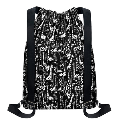 Black And White Cartoon Giraffe Print Drawstring Backpack