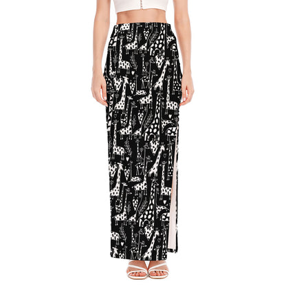 Black And White Cartoon Giraffe Print High Slit Maxi Skirt