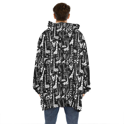 Black And White Cartoon Giraffe Print Hoodie Blanket