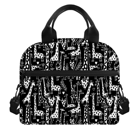 Black And White Cartoon Giraffe Print Insulated Lunch Bag