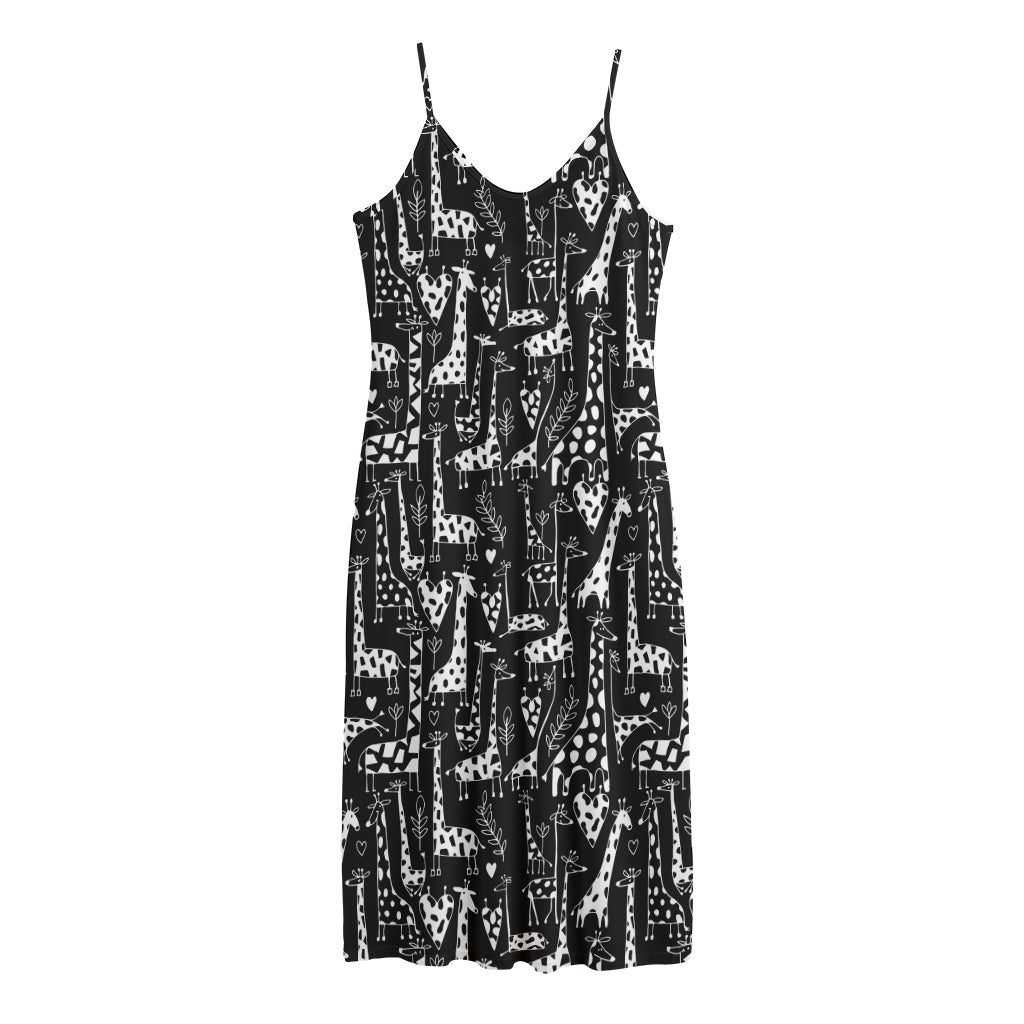 Black And White Cartoon Giraffe Print Jersey Midi Cami Dress