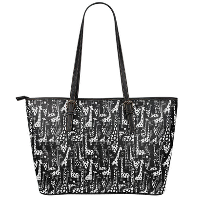 Black And White Cartoon Giraffe Print Leather Tote Bag