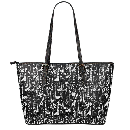 Black And White Cartoon Giraffe Print Leather Tote Bag