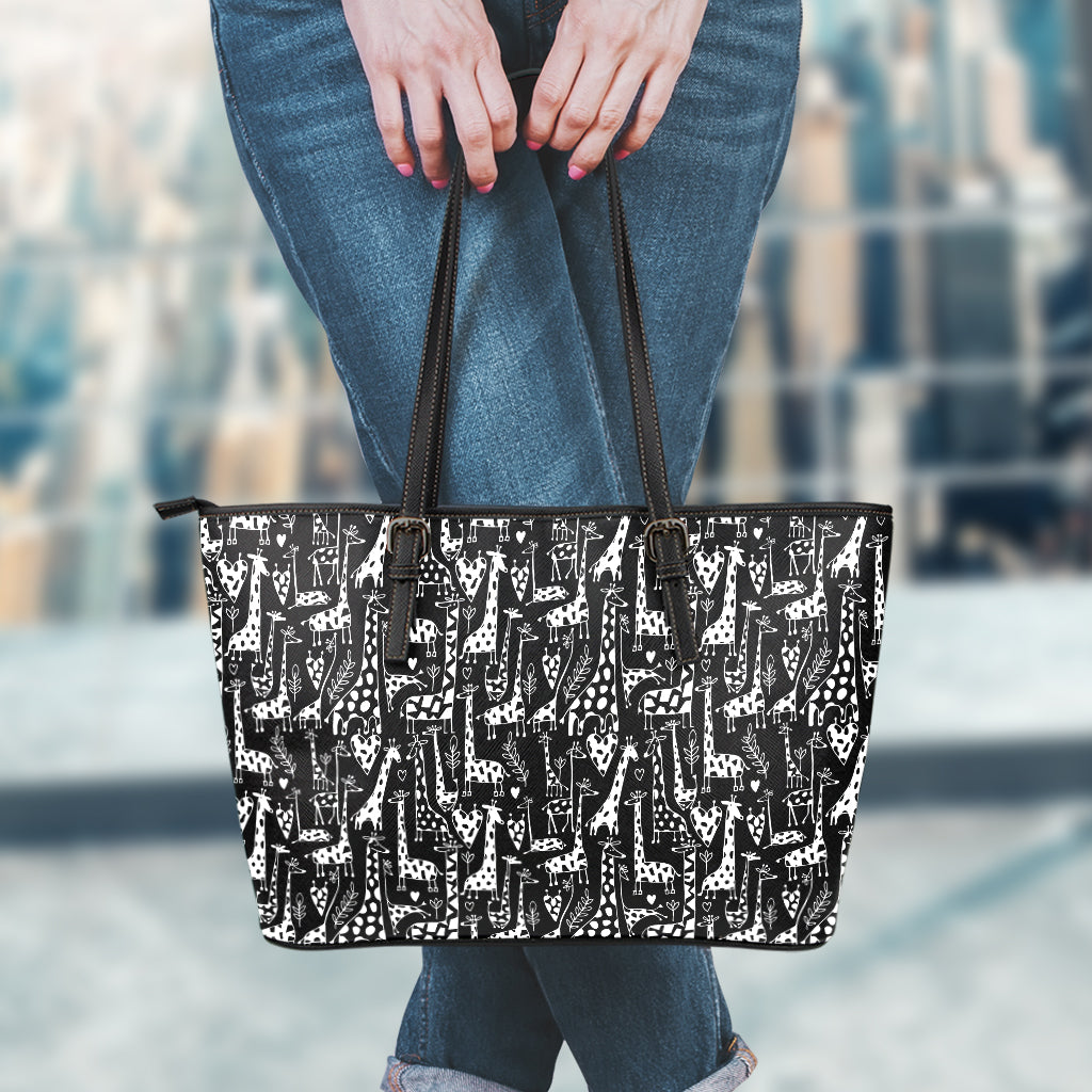 Black And White Cartoon Giraffe Print Leather Tote Bag