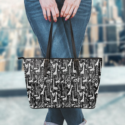 Black And White Cartoon Giraffe Print Leather Tote Bag