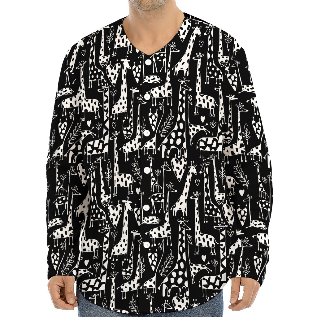 Black And White Cartoon Giraffe Print Long Sleeve Baseball Jersey