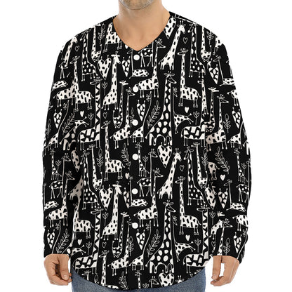 Black And White Cartoon Giraffe Print Long Sleeve Baseball Jersey