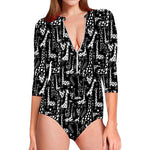Black And White Cartoon Giraffe Print Long Sleeve Swimsuit