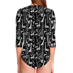 Black And White Cartoon Giraffe Print Long Sleeve Swimsuit