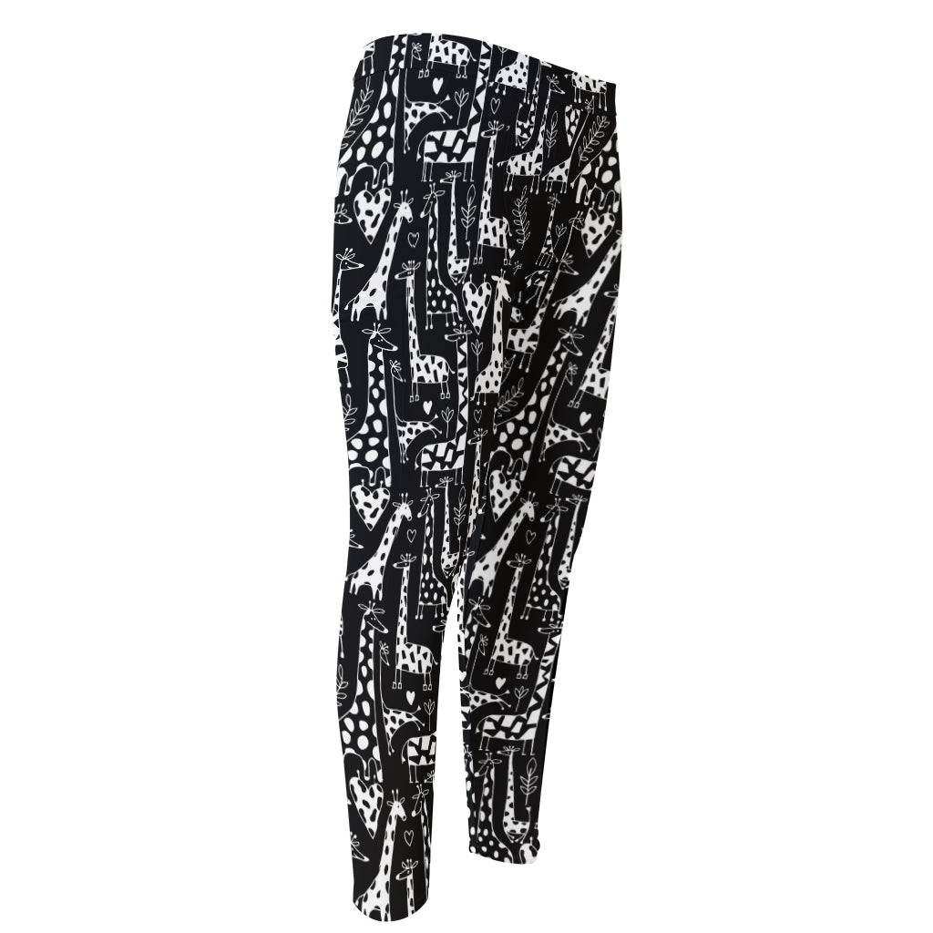 Black And White Cartoon Giraffe Print Men's Compression Pants