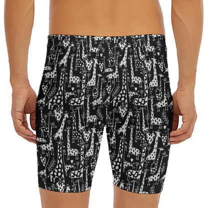 Black And White Cartoon Giraffe Print Men's Long Boxer Briefs