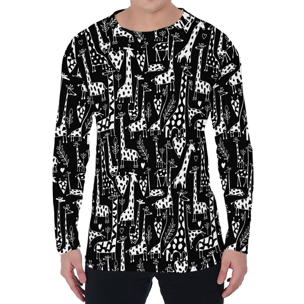 Black And White Cartoon Giraffe Print Men's Long Sleeve T-Shirt