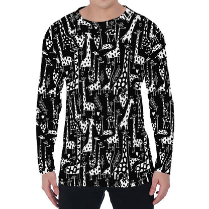 Black And White Cartoon Giraffe Print Men's Long Sleeve T-Shirt
