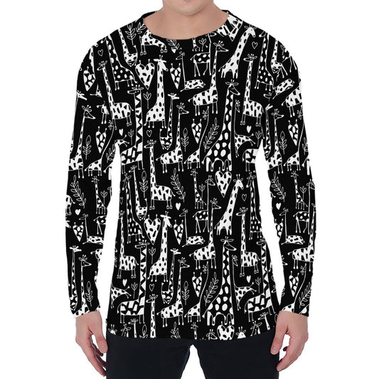 Black And White Cartoon Giraffe Print Men's Long Sleeve T-Shirt