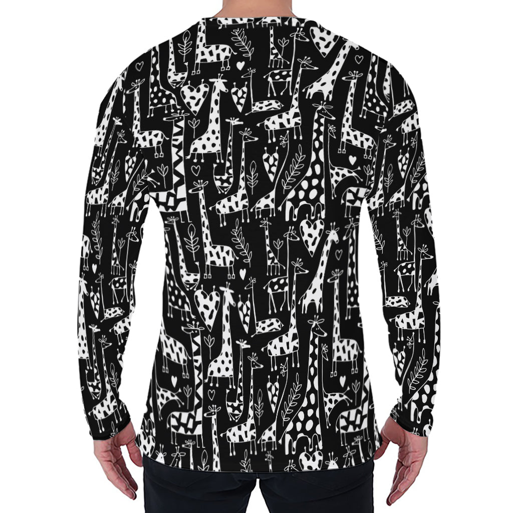 Black And White Cartoon Giraffe Print Men's Long Sleeve T-Shirt