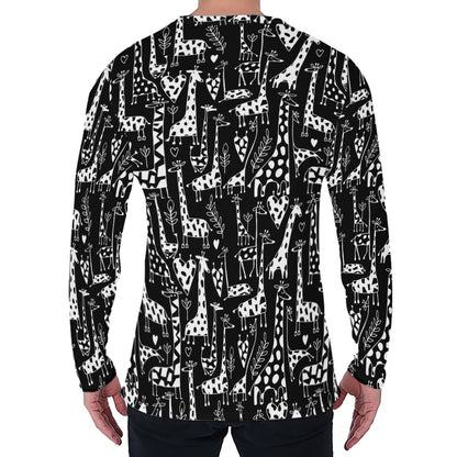 Black And White Cartoon Giraffe Print Men's Long Sleeve T-Shirt