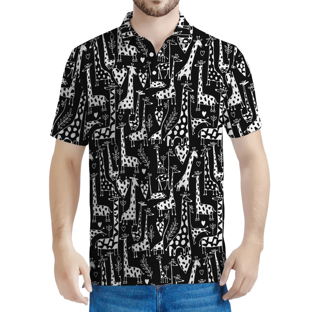 Black And White Cartoon Giraffe Print Men's Polo Shirt