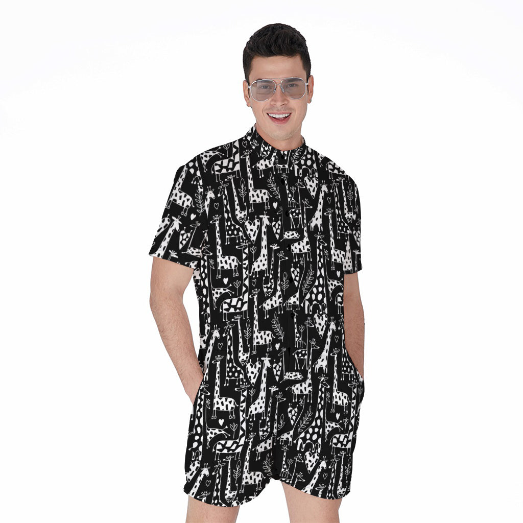 Black And White Cartoon Giraffe Print Men's Rompers