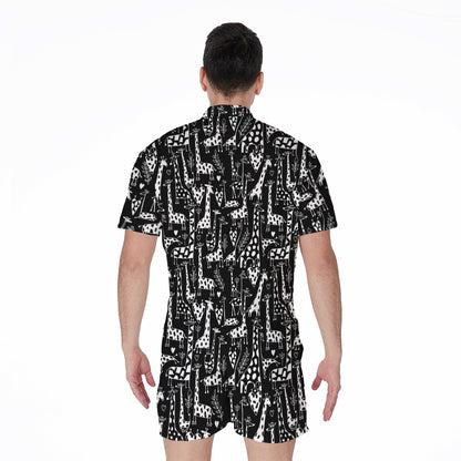 Black And White Cartoon Giraffe Print Men's Rompers