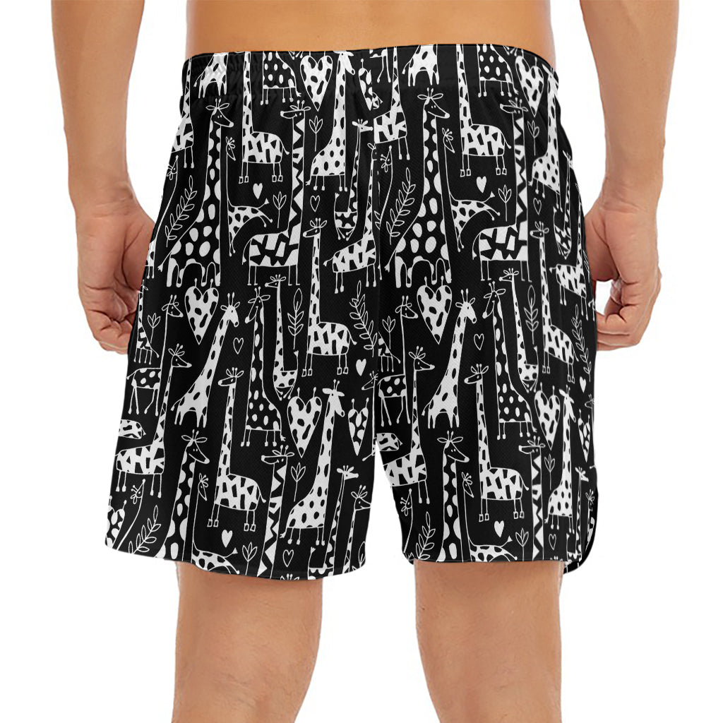 Black And White Cartoon Giraffe Print Men's Split Running Shorts