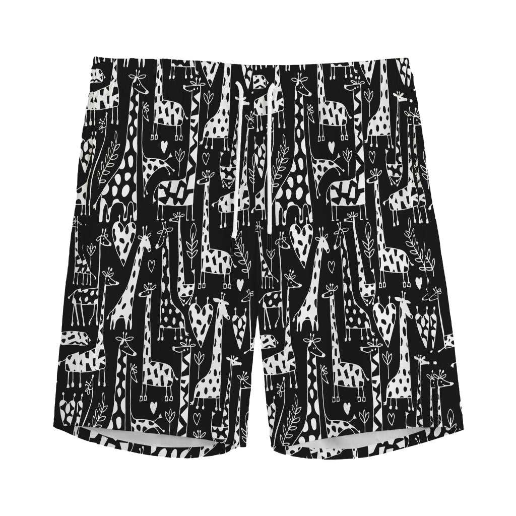 Black And White Cartoon Giraffe Print Men's Sports Shorts