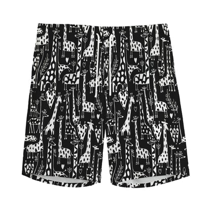 Black And White Cartoon Giraffe Print Men's Sports Shorts