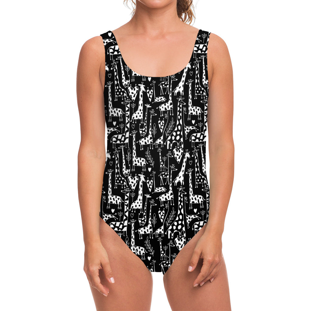 Black And White Cartoon Giraffe Print One Piece Swimsuit