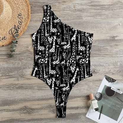 Black And White Cartoon Giraffe Print One Shoulder Bodysuit