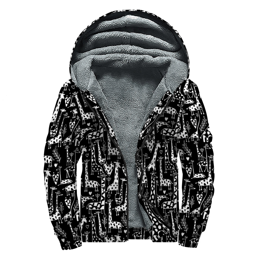 Black And White Cartoon Giraffe Print Sherpa Lined Zip Up Hoodie