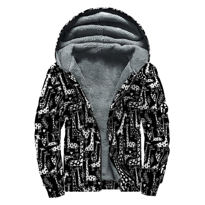 Black And White Cartoon Giraffe Print Sherpa Lined Zip Up Hoodie
