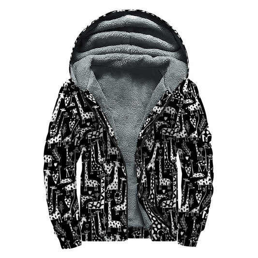 Black And White Cartoon Giraffe Print Sherpa Lined Zip Up Hoodie