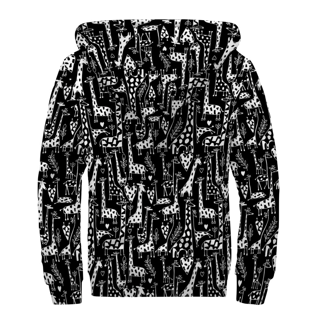 Black And White Cartoon Giraffe Print Sherpa Lined Zip Up Hoodie