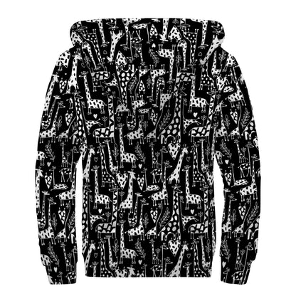 Black And White Cartoon Giraffe Print Sherpa Lined Zip Up Hoodie