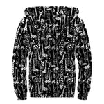 Black And White Cartoon Giraffe Print Sherpa Lined Zip Up Hoodie