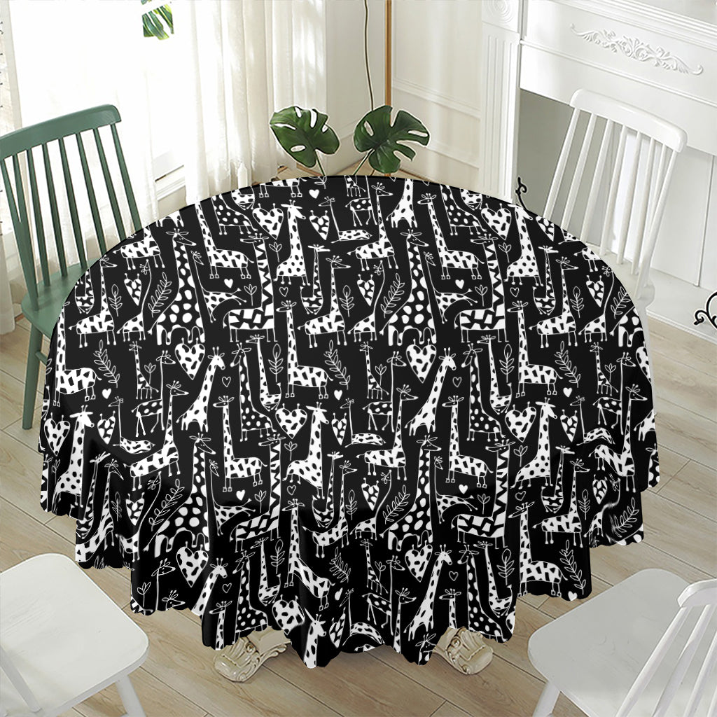 Black And White Cartoon Giraffe Print Waterproof Round Tablecloth