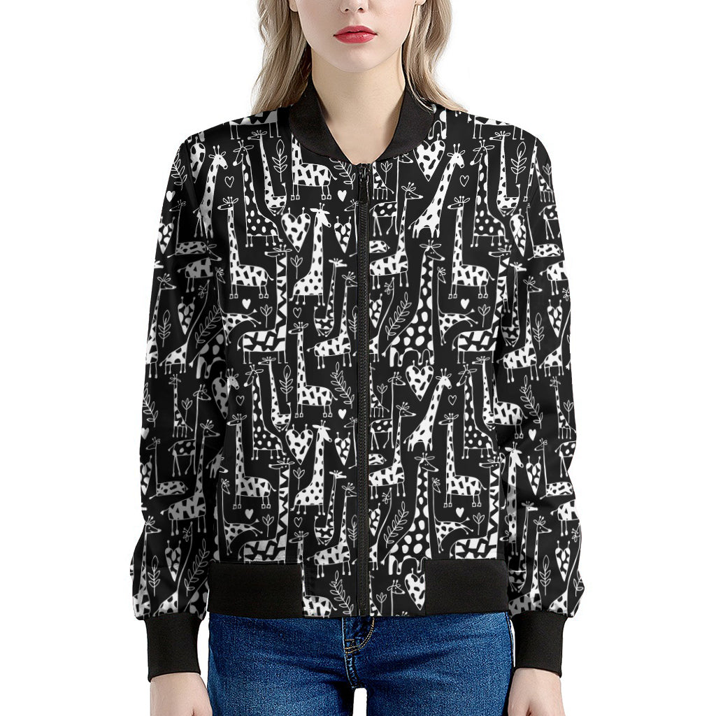 Black And White Cartoon Giraffe Print Women's Bomber Jacket