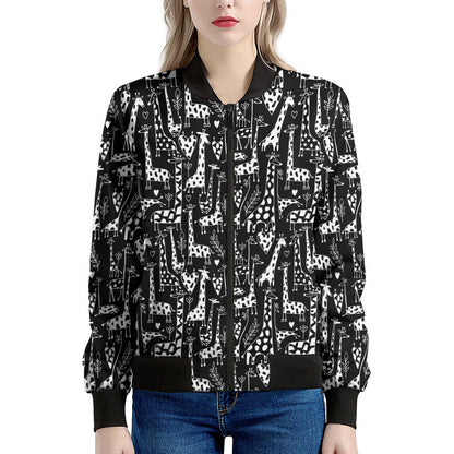 Black And White Cartoon Giraffe Print Women's Bomber Jacket