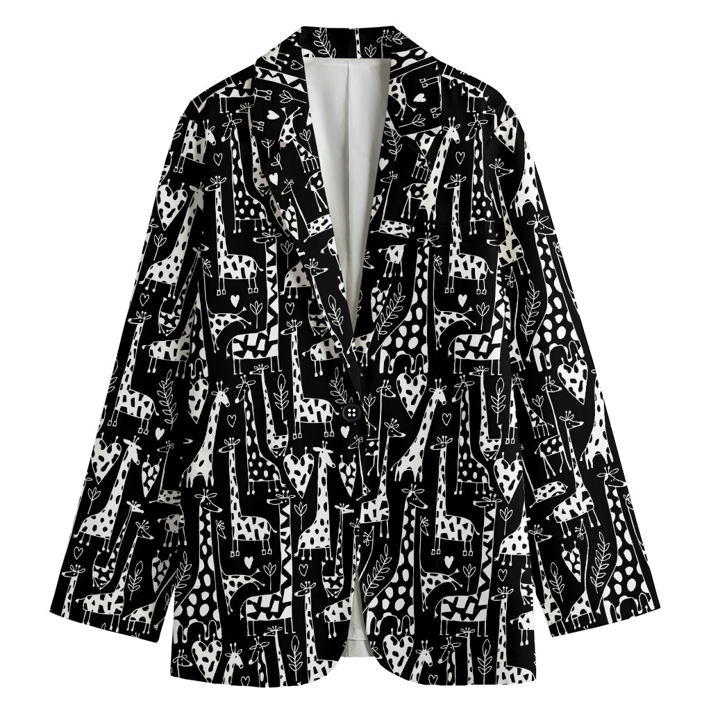 Black And White Cartoon Giraffe Print Women's Cotton Blazer