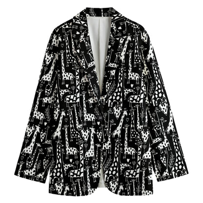 Black And White Cartoon Giraffe Print Women's Cotton Blazer