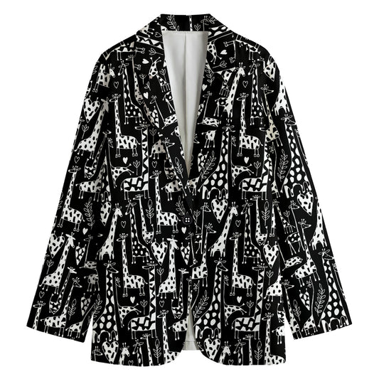 Black And White Cartoon Giraffe Print Women's Cotton Blazer