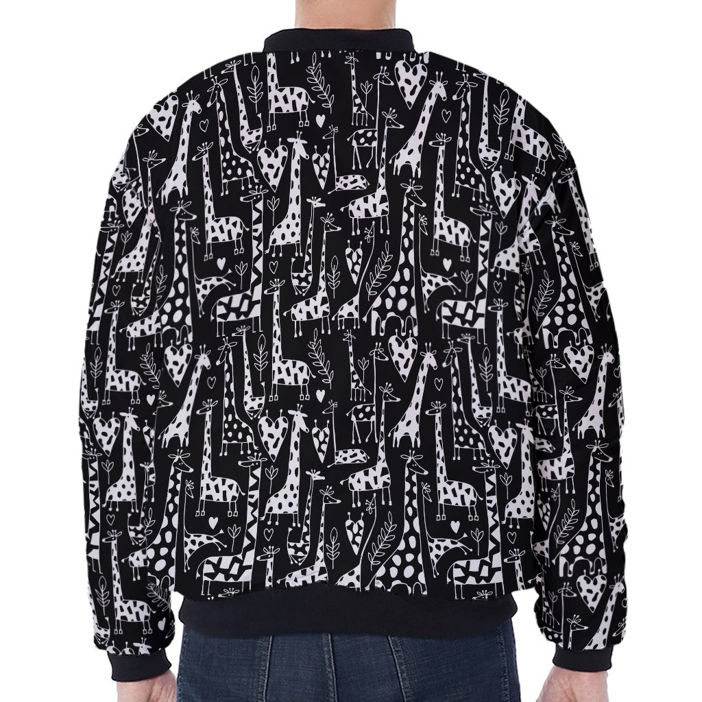 Black And White Cartoon Giraffe Print Zip Sleeve Bomber Jacket