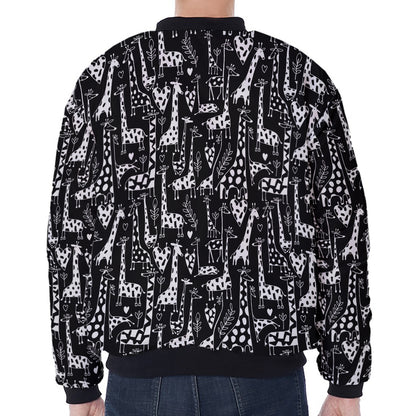 Black And White Cartoon Giraffe Print Zip Sleeve Bomber Jacket