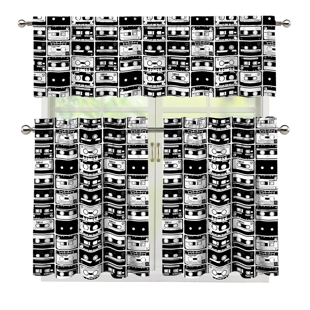 Black And White Cassette Tape Print 3 Piece Kitchen Curtains